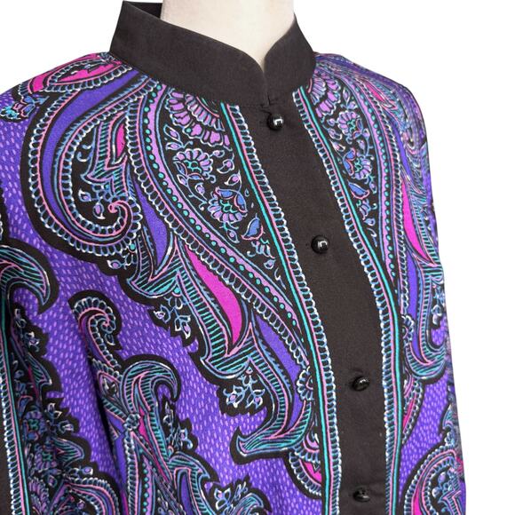 Bob Mackie Size S Long Sleeve Satin Paisley Blouse‎ Purple Eclectic Wearable Art - Picture 10 of 12